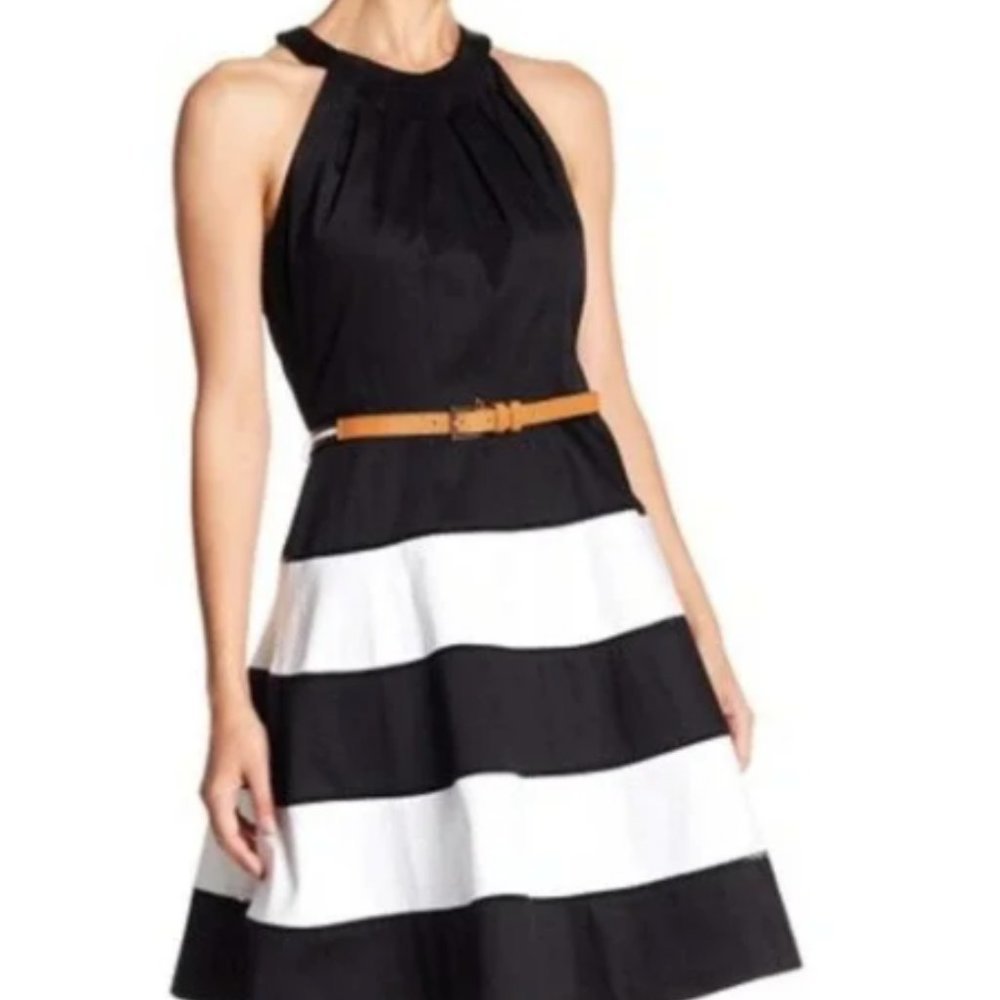 Eliza J Black and White Striped Midi Dress